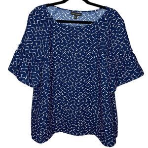 Women's Blouse Sz L Boat Neck Ruffle Sleeve Navy Blue Casual Business Wear